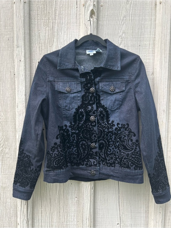 DG2 by Diane Gilman Jackets & Blazers - DG2 by Diane Gilman Dark Blue Denim Jacket with Black Velvet Burnout